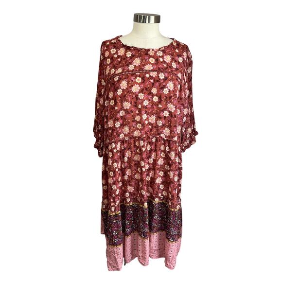 Knox Rose Floral Boho Tiered Midi Dress XXL 100% Rayon Pink Burgundy - Picture 1 of 10